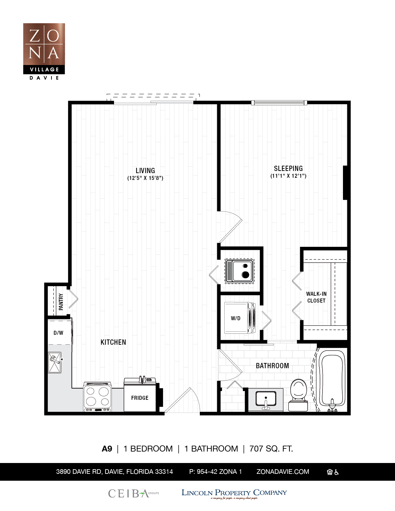 Floor plan for 1 bed, 1 bath, 707 sqft